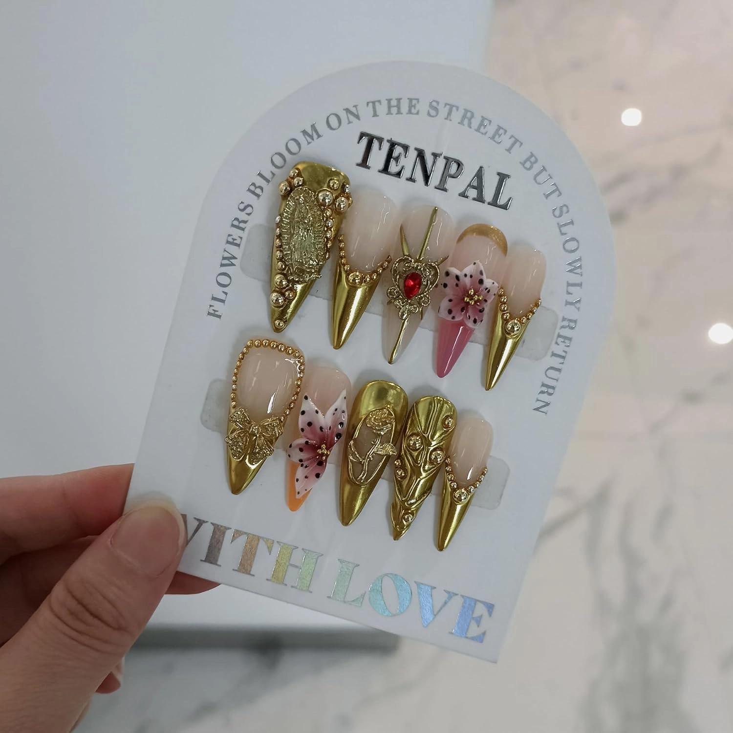 Antique Gold French Tips Press on Nails Long Stiletto,Baroque Style Fake Nails with 3D Charms Roses,Cherubs,Bows,Soft Gel Metallic Fake Nails Kit Tools 10pcs,Full Cover Vintage Luxe Nails(M)