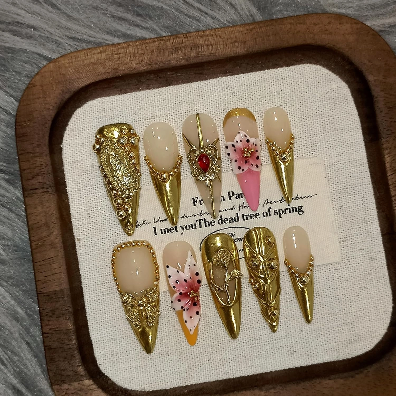 Antique Gold French Tips Press on Nails Long Stiletto,Baroque Style Fake Nails with 3D Charms Roses,Cherubs,Bows,Soft Gel Metallic Fake Nails Kit Tools 10pcs,Full Cover Vintage Luxe Nails(M)