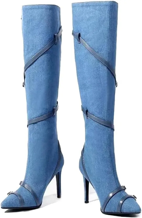 Arqa Women's Denim Knee High Boots,Pointed Toe Stiletto Heel Zipper Long Boot Rivet Slim Tassel Dress Boot
