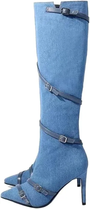 Arqa Women's Denim Knee High Boots,Pointed Toe Stiletto Heel Zipper Long Boot Rivet Slim Tassel Dress Boot