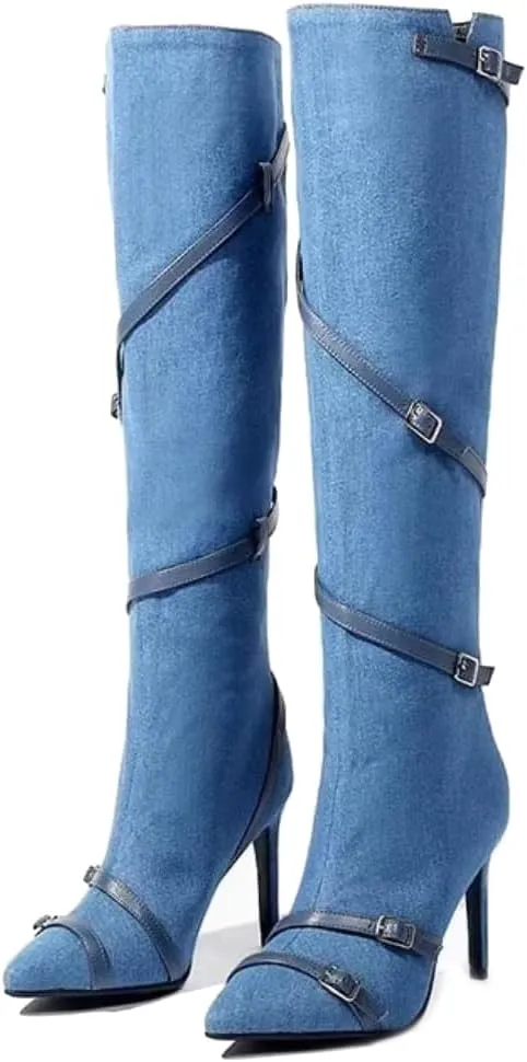 Arqa Women's Denim Knee High Boots,Pointed Toe Stiletto Heel Zipper Long Boot Rivet Slim Tassel Dress Boot