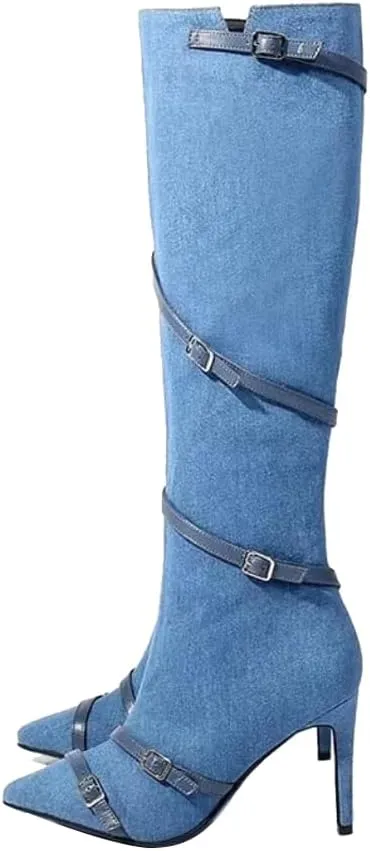 Arqa Women's Denim Knee High Boots,Pointed Toe Stiletto Heel Zipper Long Boot Rivet Slim Tassel Dress Boot