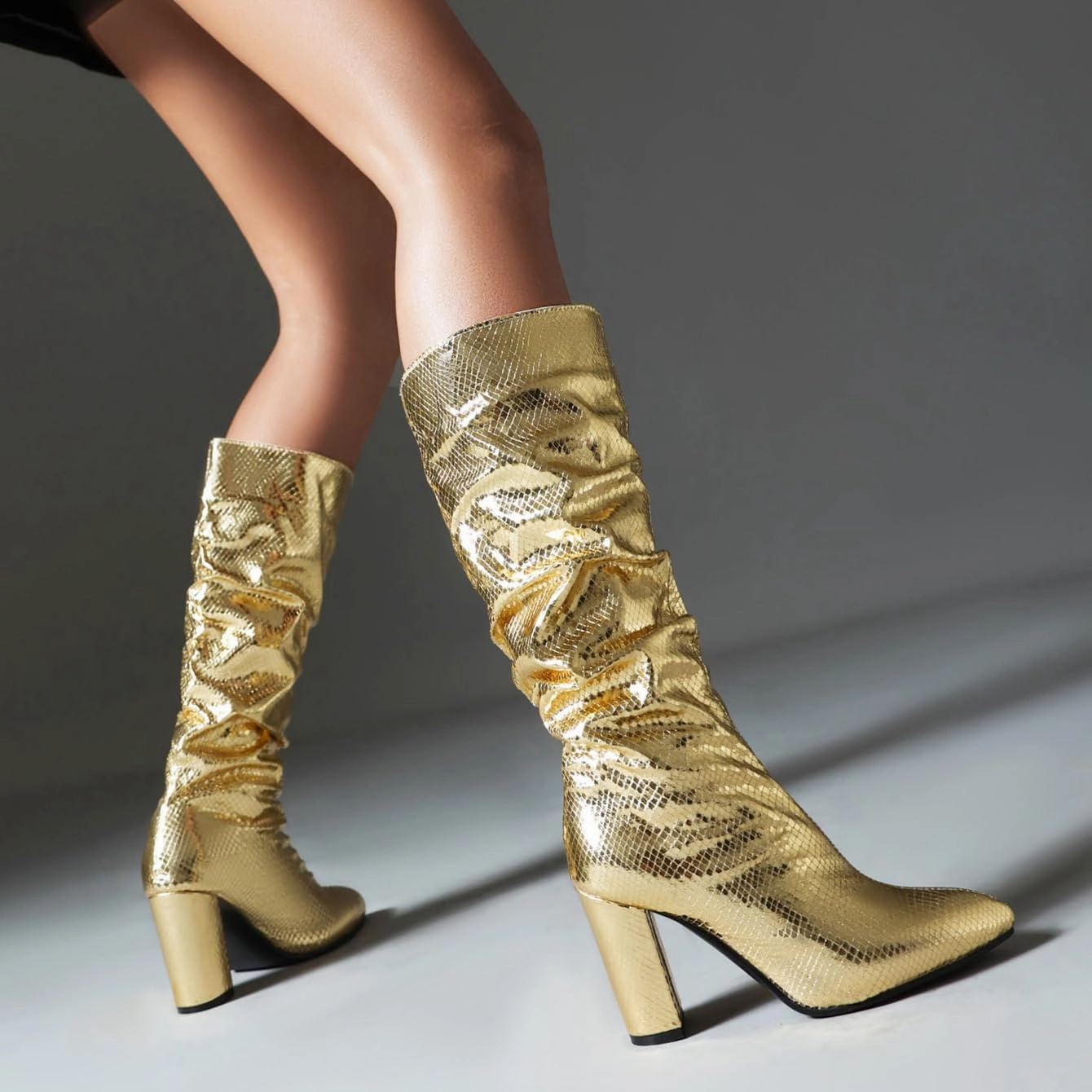 Arqa Metallic Boots For Women Chunky Heel Slouchy Mid Calf Snake Print Boot Pointed Toe Gogo Dance Booties