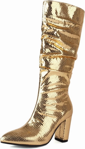 Arqa Metallic Boots For Women Chunky Heel Slouchy Mid Calf Snake Print Boot Pointed Toe Gogo Dance Booties