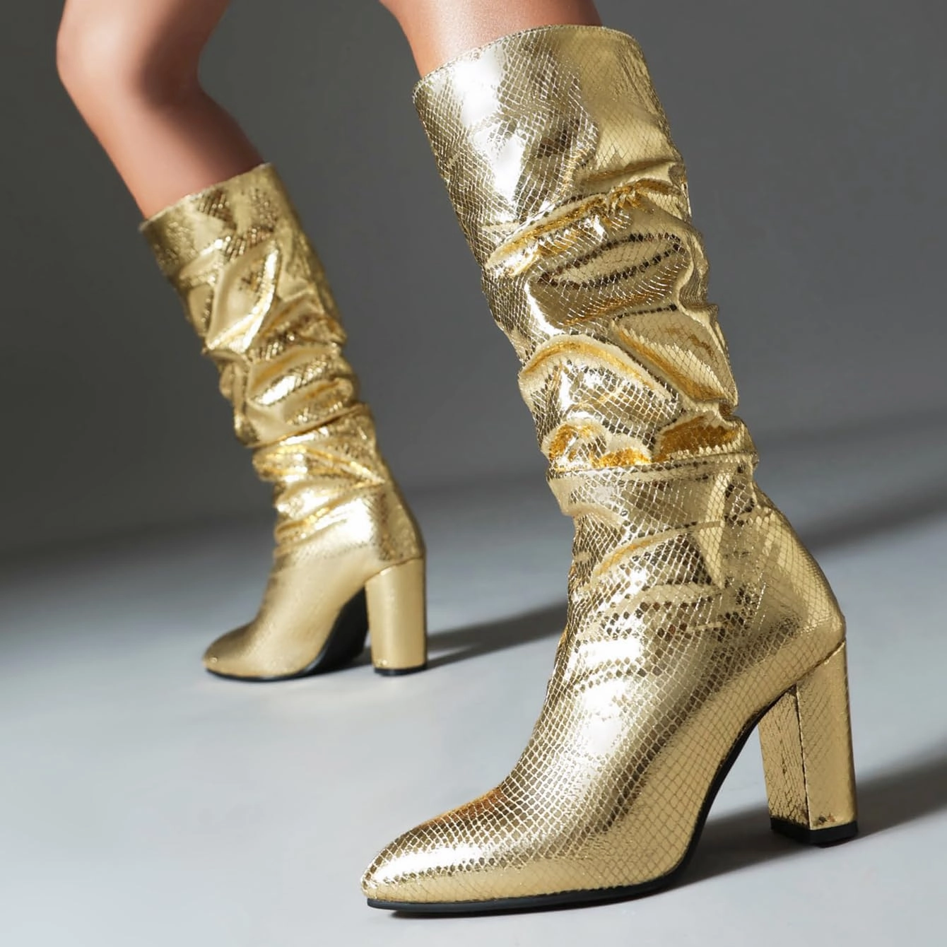 Arqa Metallic Boots For Women Chunky Heel Slouchy Mid Calf Snake Print Boot Pointed Toe Gogo Dance Booties