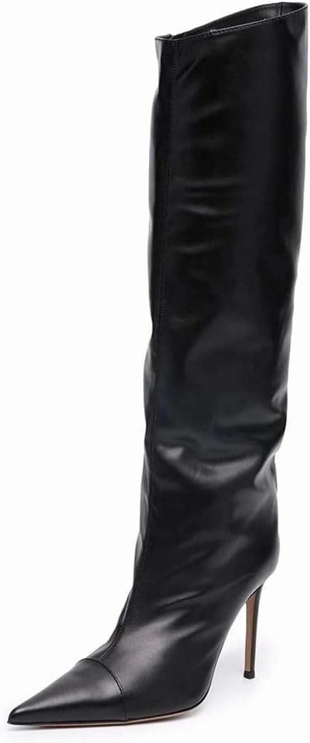 Arqa Metallic Boots for Women Pointed Toe High Stiletto Heel Knee High Boot Fashion Chrome Zipper Boot Dressy Party Shoes
