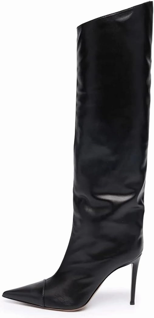 Arqa Metallic Boots for Women Pointed Toe High Stiletto Heel Knee High Boot Fashion Chrome Zipper Boot Dressy Party Shoes