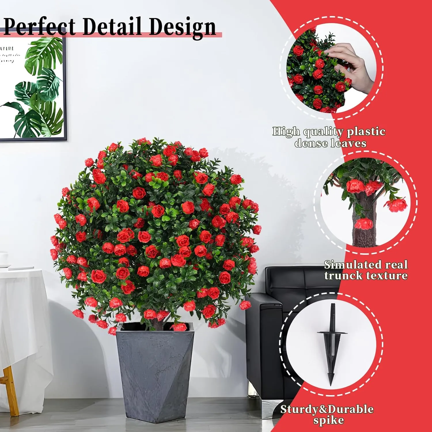Artificial Boxwood Topiary Ball Trees with Red Rose, 2 Set of 16'' UV Resistant Fake Evergreen Shrubs Bushes Plants with Ground Spike Fake Plants for Outdoor Indoor Front Porch Garden