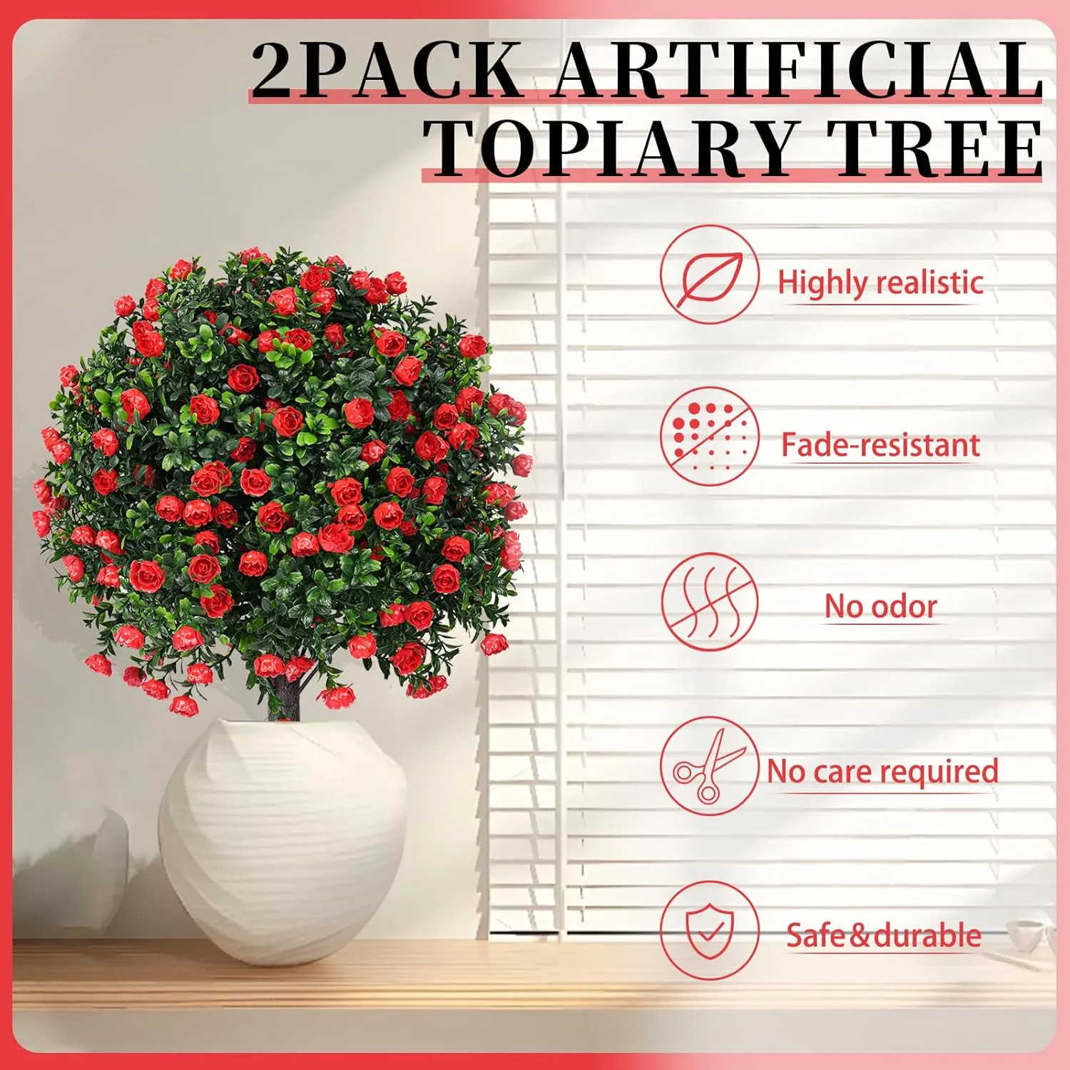 Artificial Boxwood Topiary Ball Trees with Red Rose, 2 Set of 16'' UV Resistant Fake Evergreen Shrubs Bushes Plants with Ground Spike Fake Plants for Outdoor Indoor Front Porch Garden