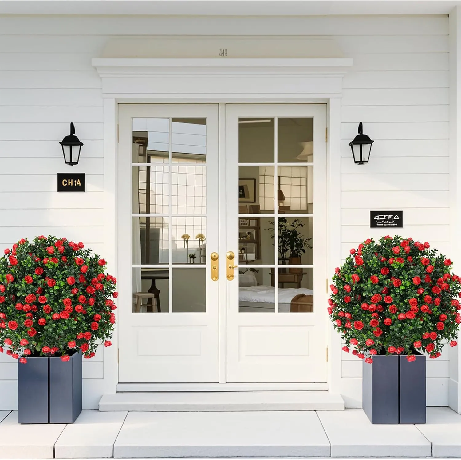 Artificial Boxwood Topiary Ball Trees with Red Rose, 2 Set of 16'' UV Resistant Fake Evergreen Shrubs Bushes Plants with Ground Spike Fake Plants for Outdoor Indoor Front Porch Garden