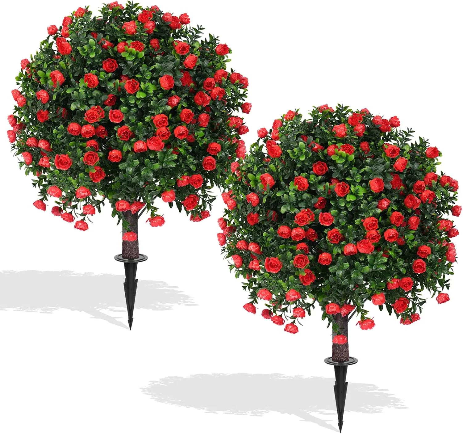 Artificial Boxwood Topiary Ball Trees with Red Rose, 2 Set of 16'' UV Resistant Fake Evergreen Shrubs Bushes Plants with Ground Spike Fake Plants for Outdoor Indoor Front Porch Garden