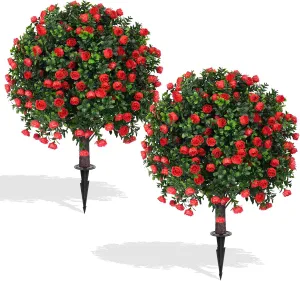 Artificial Boxwood Topiary Ball Trees with Red Rose, 2 Set of 16'' UV Resistant Fake Evergreen Shrubs Bushes Plants with Ground Spike Fake Plants for Outdoor Indoor Front Porch Garden