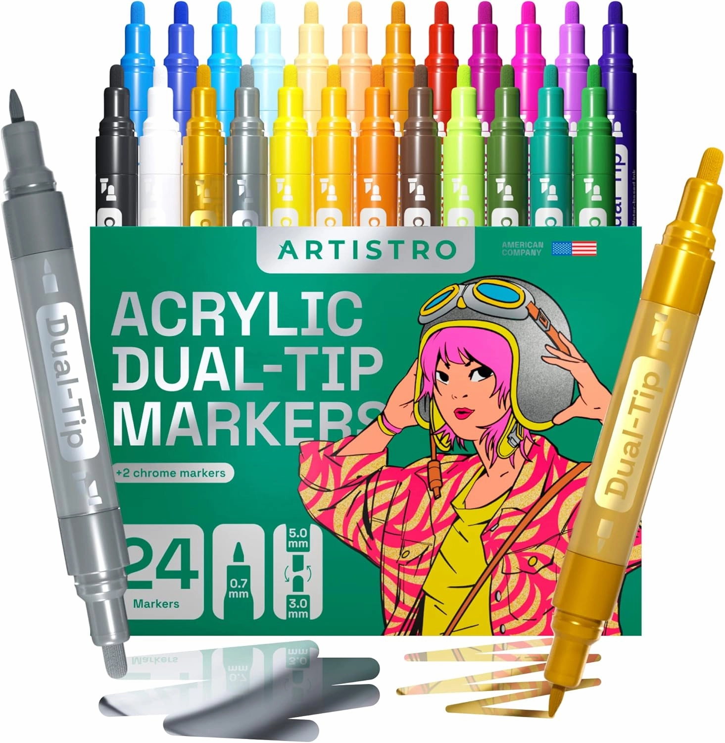 ARTISTRO 24 Dual-Tip Acrylic Paint Markers - Medium   Fine Tip Combo - 22 Bright Colors   2 Metallic Chrome Paint Pens