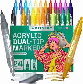 ARTISTRO 24 Dual-Tip Acrylic Paint Markers - Medium   Fine Tip Combo - 22 Bright Colors   2 Metallic Chrome Paint Pens