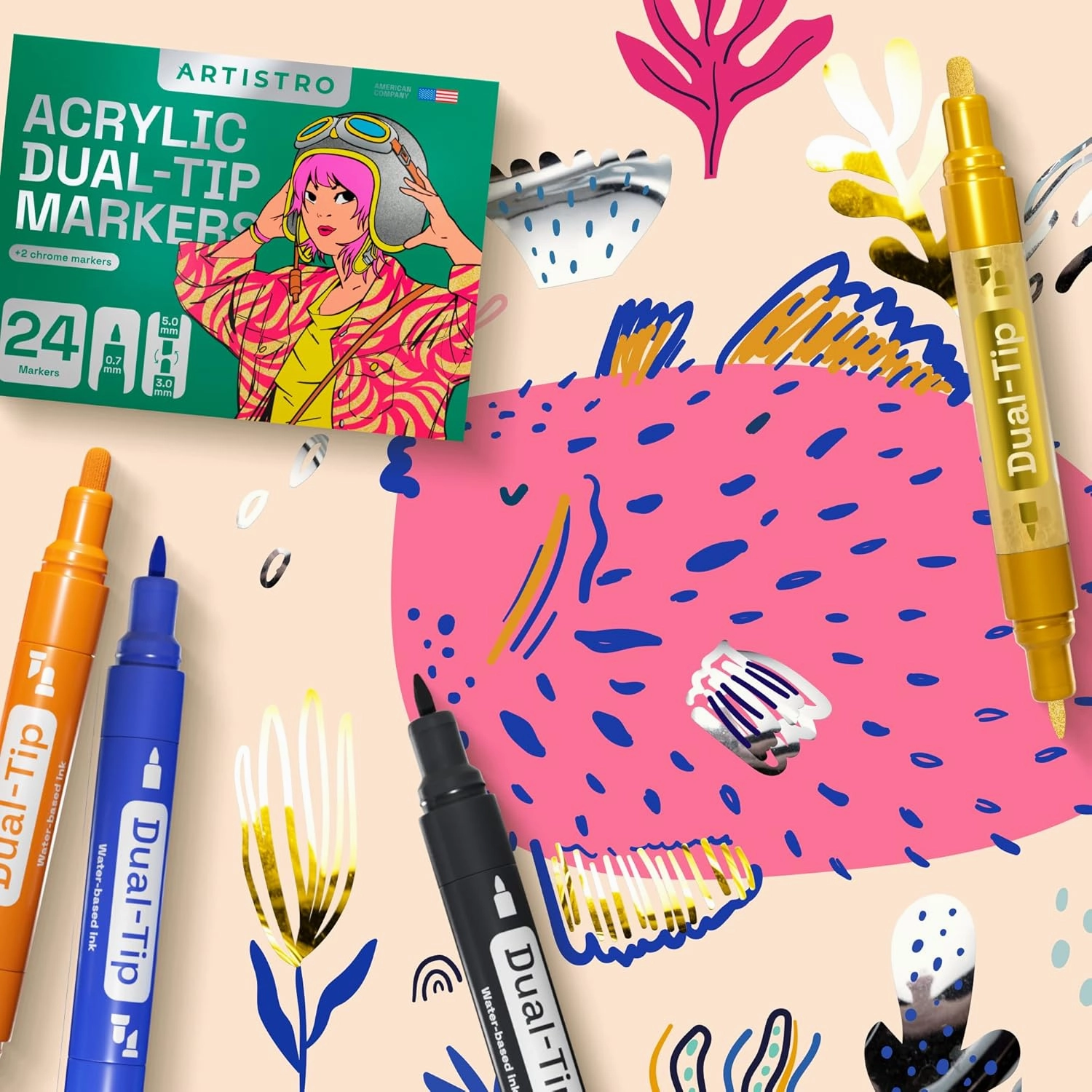 ARTISTRO 24 Dual-Tip Acrylic Paint Markers - Medium   Fine Tip Combo - 22 Bright Colors   2 Metallic Chrome Paint Pens