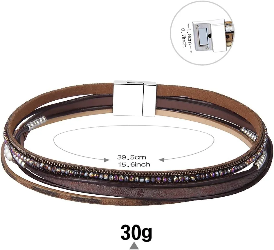 AZORA Leather Wrap Bracelets for Women Goldplated Metal Crescent Cuff Bracelet with Magnetic Buckle Casual Bohemian Wrist Bangle Jewelry Gift for Ladies Sister Mum