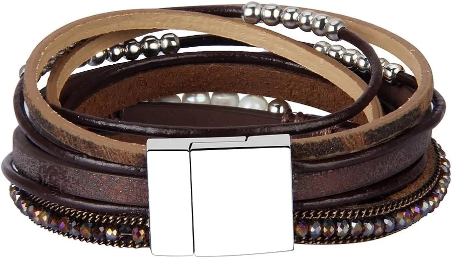 AZORA Leather Wrap Bracelets for Women Goldplated Metal Crescent Cuff Bracelet with Magnetic Buckle Casual Bohemian Wrist Bangle Jewelry Gift for Ladies Sister Mum