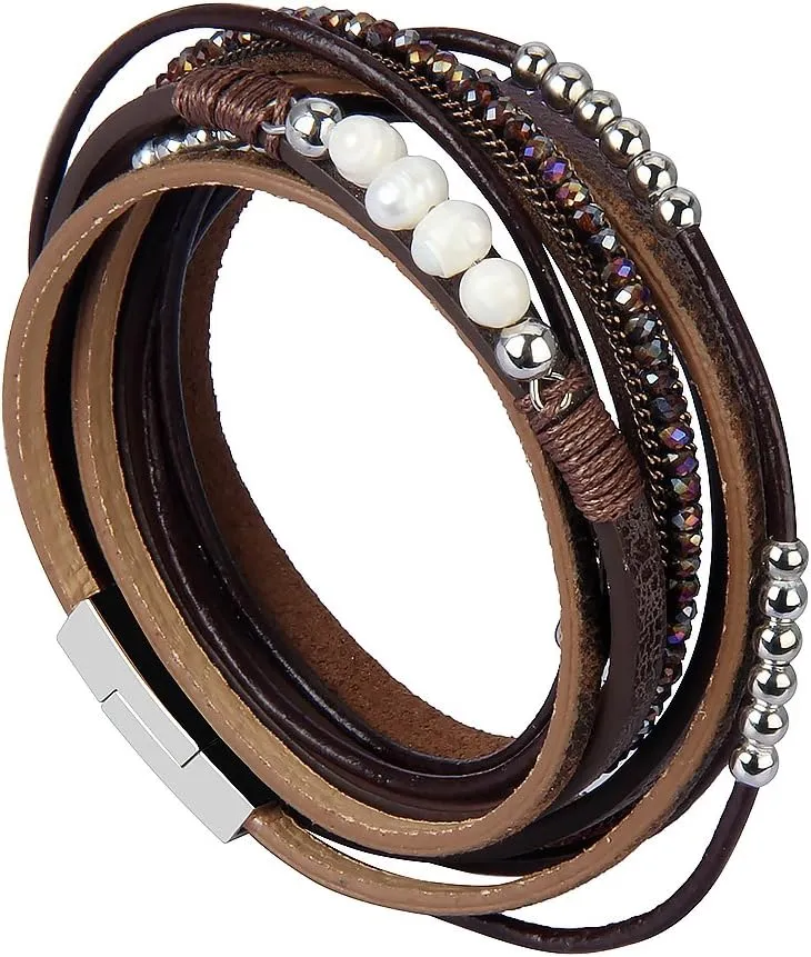 AZORA Leather Wrap Bracelets for Women Goldplated Metal Crescent Cuff Bracelet with Magnetic Buckle Casual Bohemian Wrist Bangle Jewelry Gift for Ladies Sister Mum