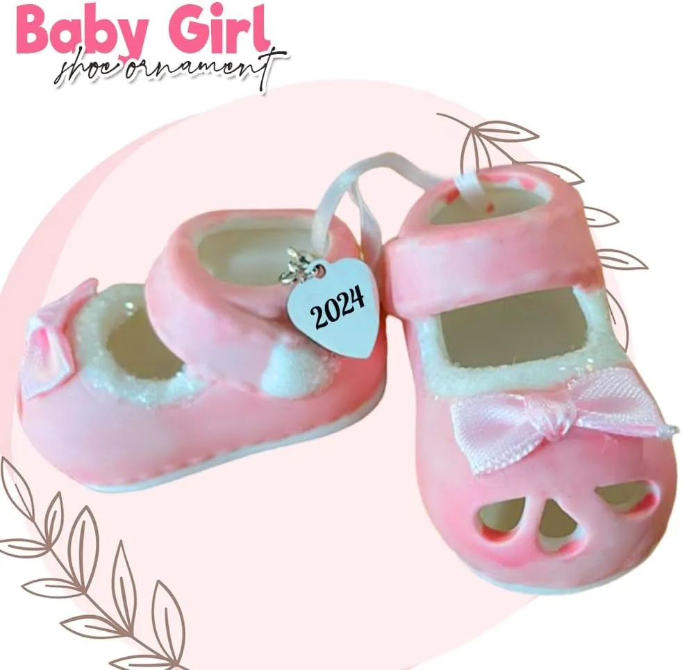 Baby Girl First Christmas Ornament, New Parents Gift, Baby Shoe Personalized Ornament Pink Dated 2024, Baby Shower Ornaments Gifts for Girls 2024