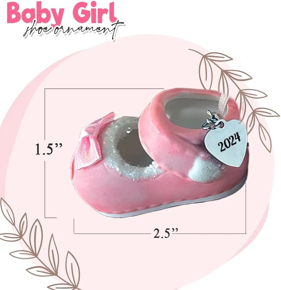 Baby Girl First Christmas Ornament, New Parents Gift, Baby Shoe Personalized Ornament Pink Dated 2024, Baby Shower Ornaments Gifts for Girls 2024