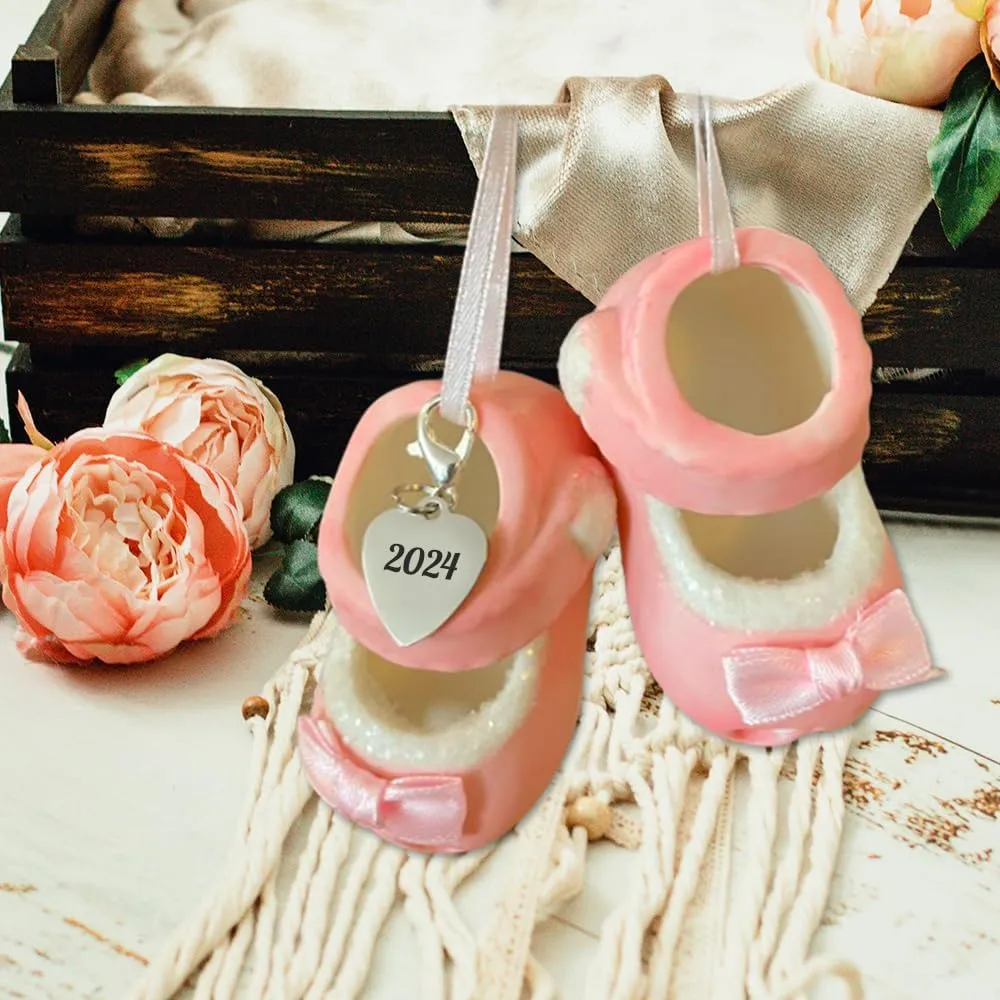 Baby Girl First Christmas Ornament, New Parents Gift, Baby Shoe Personalized Ornament Pink Dated 2024, Baby Shower Ornaments Gifts for Girls 2024