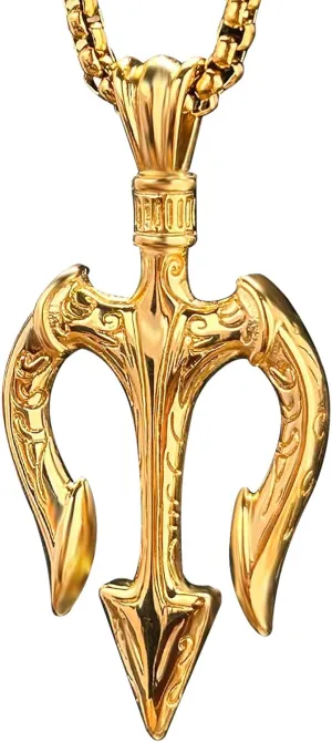 bahamut Neptune Poseidon Trident Weapon Protection Necklace for Men,Greece Amulet Gold Pendant Stainless Steel Chain Jewelry