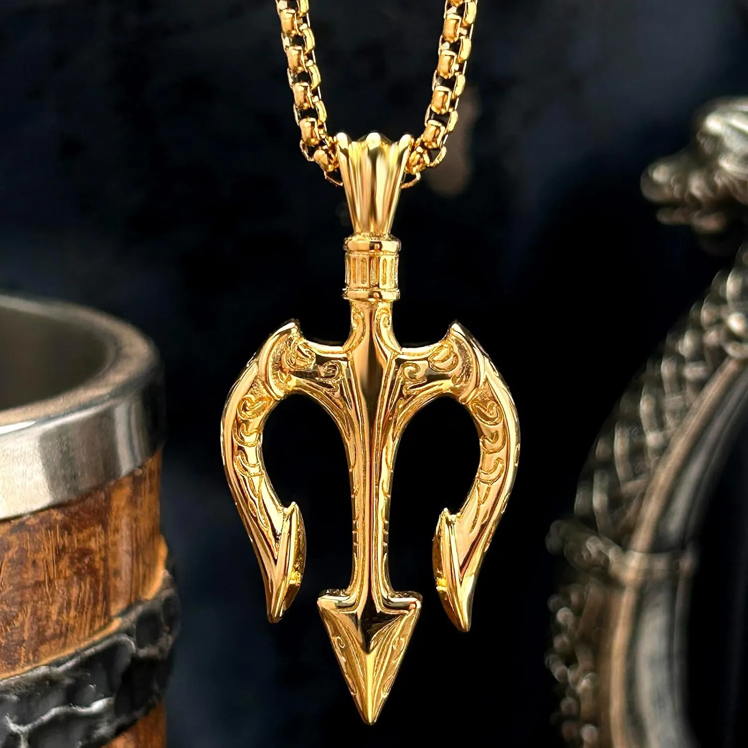 bahamut Neptune Poseidon Trident Weapon Protection Necklace for Men,Greece Amulet Gold Pendant Stainless Steel Chain Jewelry