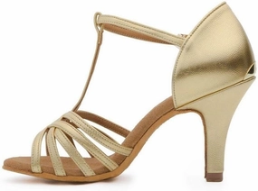 Ballroom Dance Shoes for Women Latin Salsa Bachata Performance Dance Shoes Sandals Gold Leather #2387, 4.5-11
