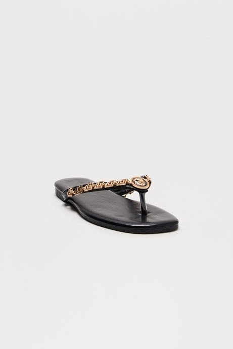 BAMBOO Women's Fashion Flip Flops with Gold Greek Key Design Flat Sandal