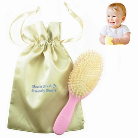 Bass Baby BS27 Hair Brush,100% Pure Soft White Natural Bristles and Gold Satin Brush Travel Bag. For Newborns Infants and Toddlers with Fine Hair. Detangle Hair, Massage and Stimulate the Scalp (Pink)