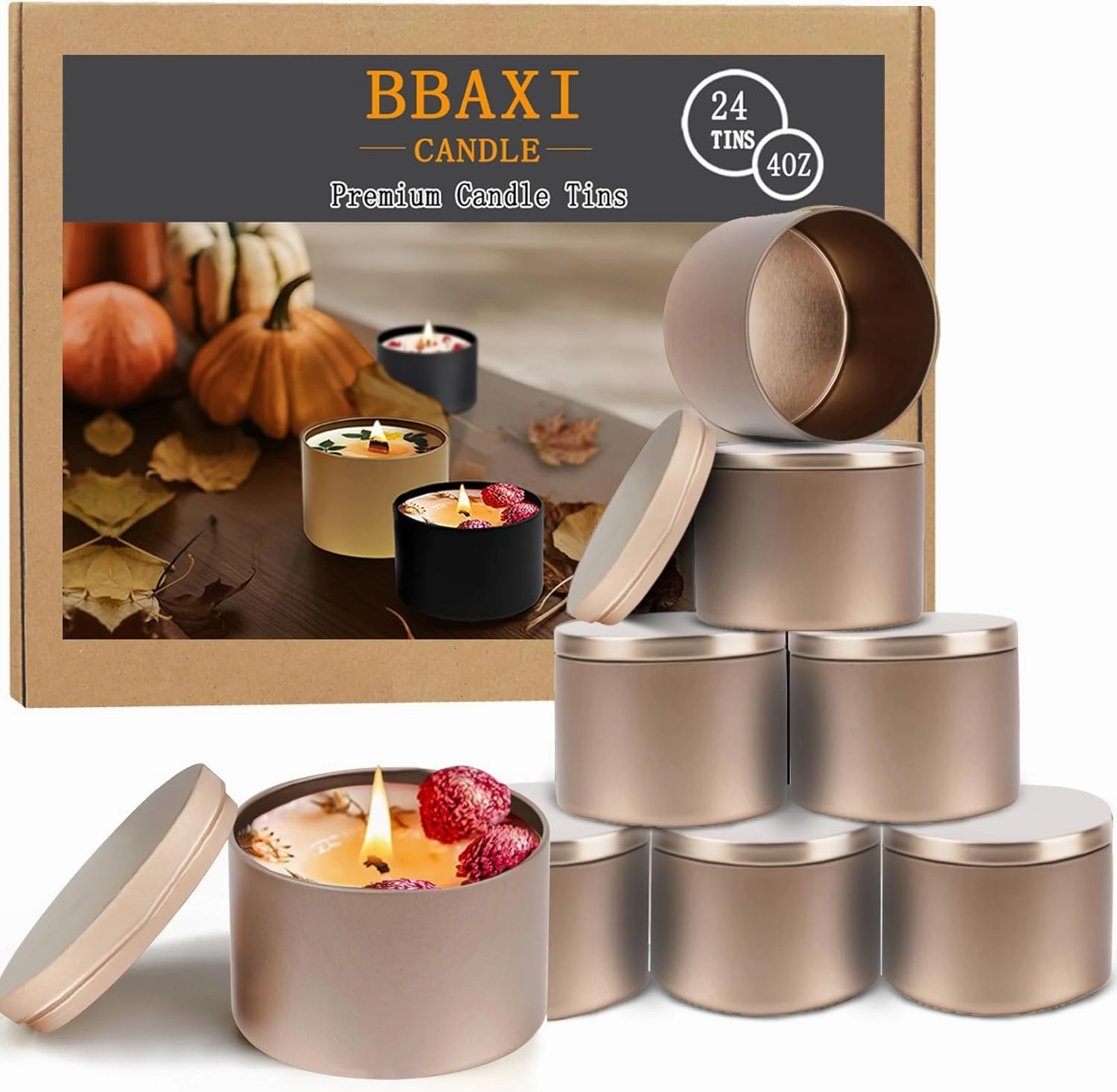 BBAXI 24 PCS 4OZ Rose Gold Candle Tins, Empty Candle Tin with Lids for DIY Candles Making, Matte Full Rose Gold Candle Jars for Candle Making, Empty Metal Candle Container for Making Candles