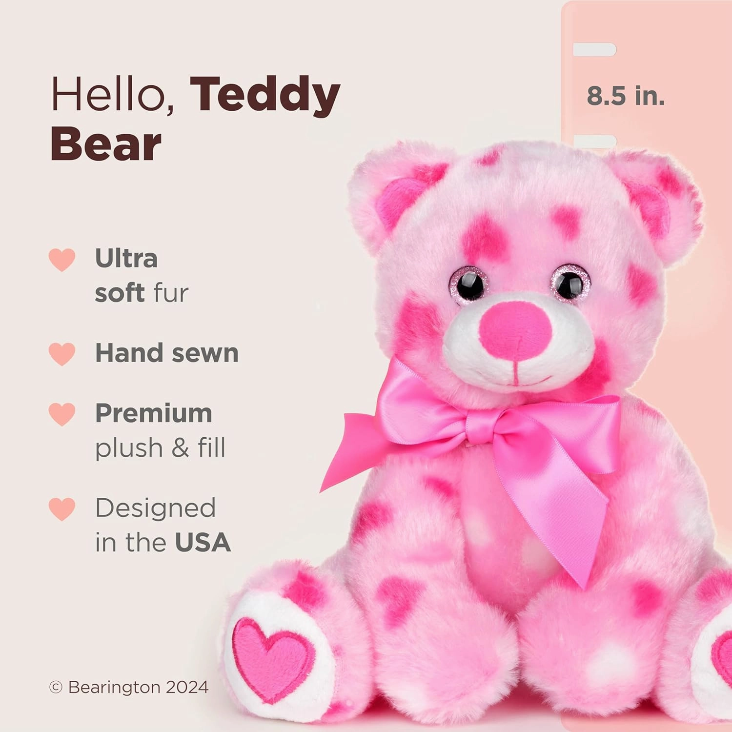 Bearington Collection Pink Plush Stuffed Animal Teddy Bear with Hearts, Adorable, Soft Cuddly Plush with A Pink Bow, Gift for Birthdays, Holidays & Special Occasions Like Valentines Day, 8.5 inches