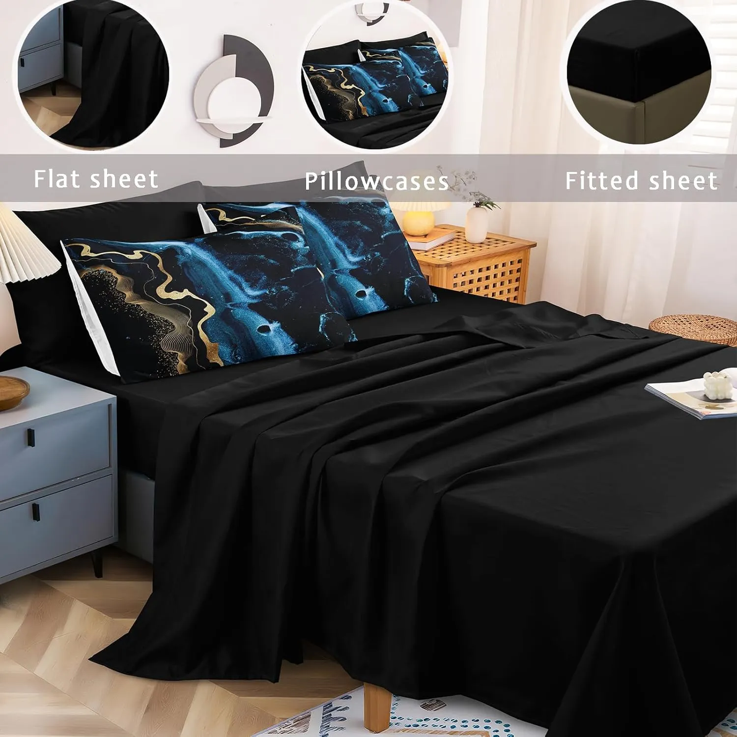 Bedbay Queen Size Bed in a Bag Set Blue Marble Bedding Set Luxury Modern Abstract Texture Gold Metallic Print 8 Piece Comforter Set with Sheets Soft Bedding with Cushion Cover(Blue Marble,Queen)