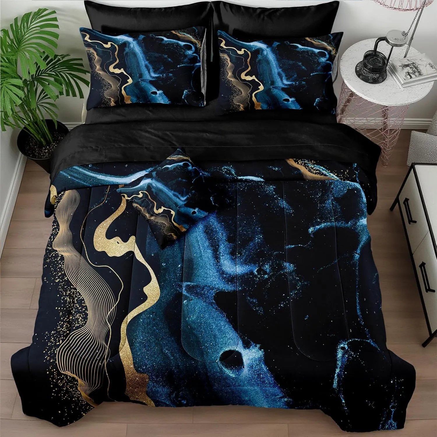 Bedbay Queen Size Bed in a Bag Set Blue Marble Bedding Set Luxury Modern Abstract Texture Gold Metallic Print 8 Piece Comforter Set with Sheets Soft Bedding with Cushion Cover(Blue Marble,Queen)