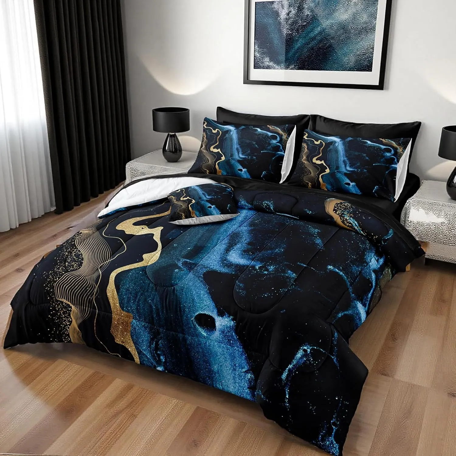 Bedbay Queen Size Bed in a Bag Set Blue Marble Bedding Set Luxury Modern Abstract Texture Gold Metallic Print 8 Piece Comforter Set with Sheets Soft Bedding with Cushion Cover(Blue Marble,Queen)