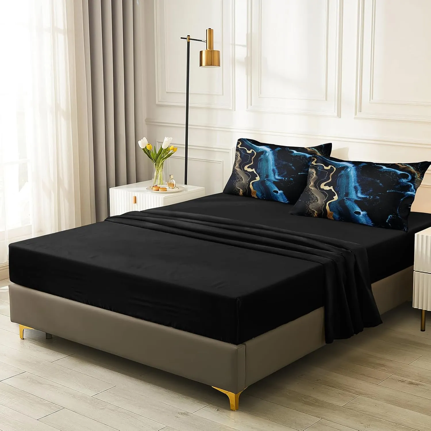 Bedbay Queen Size Bed in a Bag Set Blue Marble Bedding Set Luxury Modern Abstract Texture Gold Metallic Print 8 Piece Comforter Set with Sheets Soft Bedding with Cushion Cover(Blue Marble,Queen)
