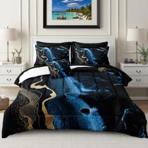 Bedbay Queen Size Bed in a Bag Set Blue Marble Bedding Set Luxury Modern Abstract Texture Gold Metallic Print 8 Piece Comforter Set with Sheets Soft Bedding with Cushion Cover(Blue Marble,Queen)
