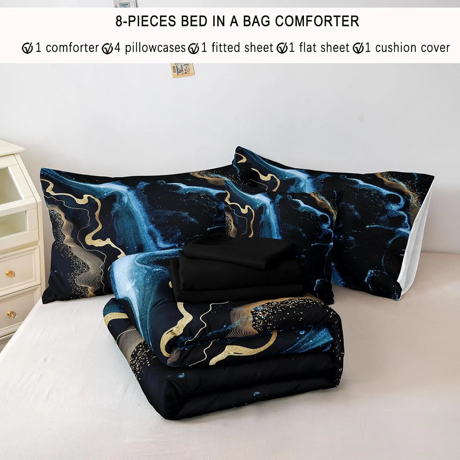 Bedbay Queen Size Bed in a Bag Set Blue Marble Bedding Set Luxury Modern Abstract Texture Gold Metallic Print 8 Piece Comforter Set with Sheets Soft Bedding with Cushion Cover(Blue Marble,Queen)