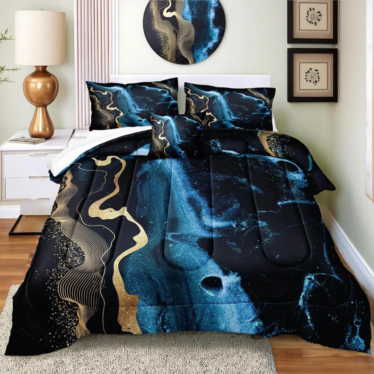 Bedbay Queen Size Bed in a Bag Set Blue Marble Bedding Set Luxury Modern Abstract Texture Gold Metallic Print 8 Piece Comforter Set with Sheets Soft Bedding with Cushion Cover(Blue Marble,Queen)