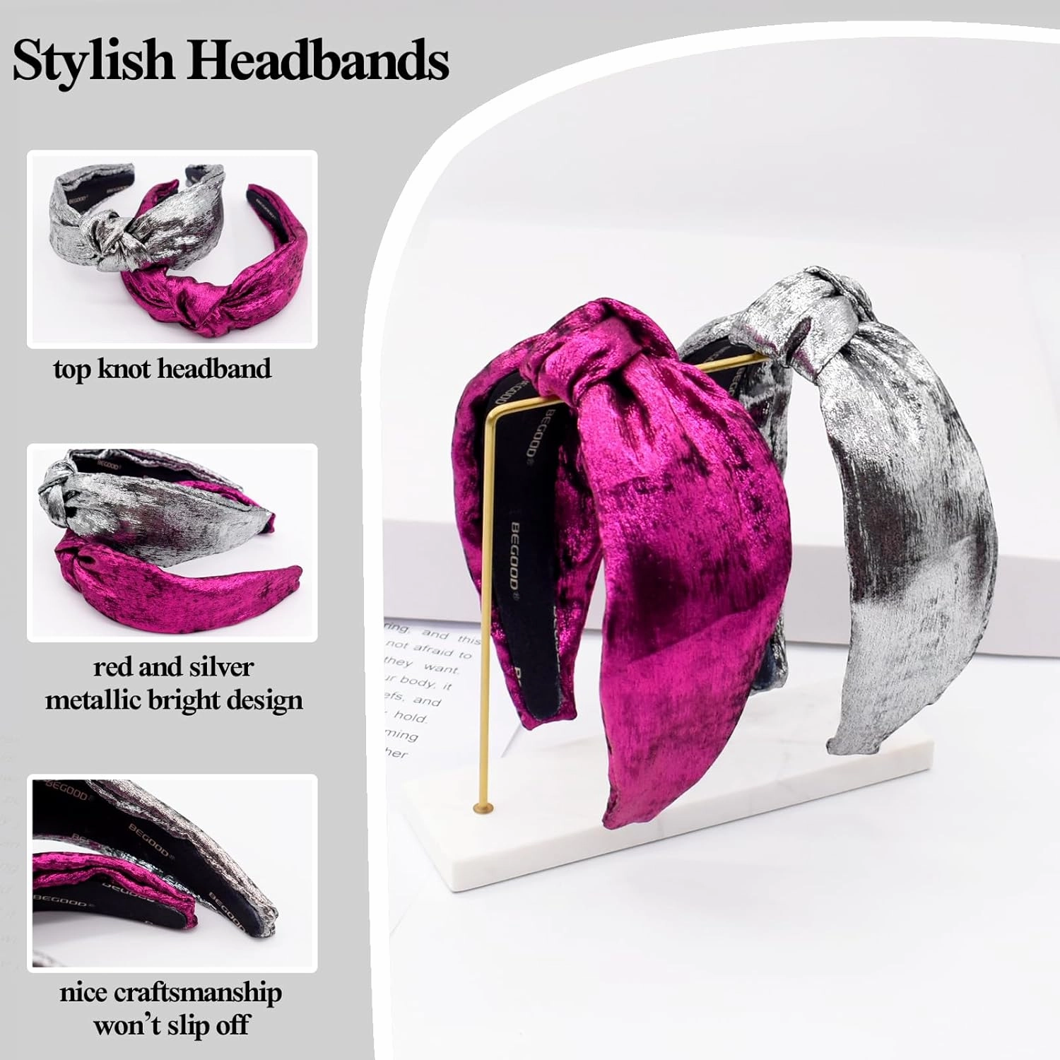BEGOOD Headbands for Women Metallic Knotted Headband Fashion Top Knot Hairbands Wide Head Band Girls Womens Headbands Turban Hair Accessories 2Pcs