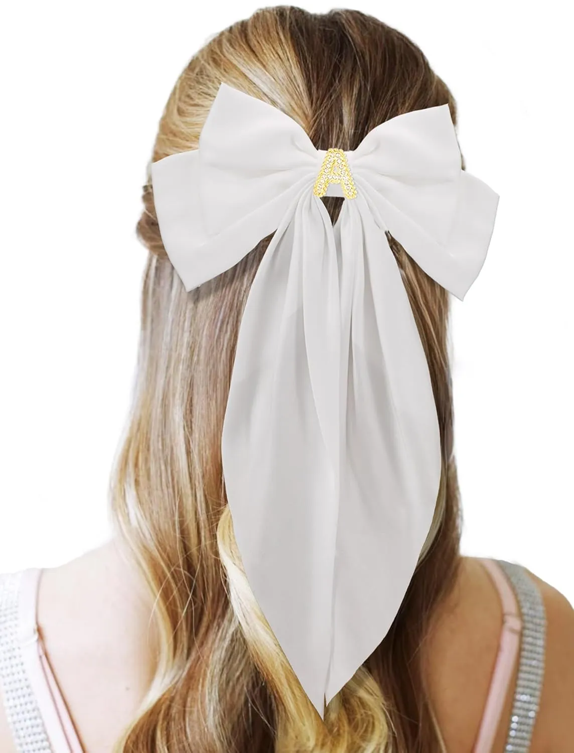 Big Initial Hair Bows, 2Pcs Satin Hair Clips for Women, Cute Hair Accessories for Girls, Hair Ribbon Barrettes, Personalized Gifts for Wedding Birthday Christmas Valentines(White&Pink, A)