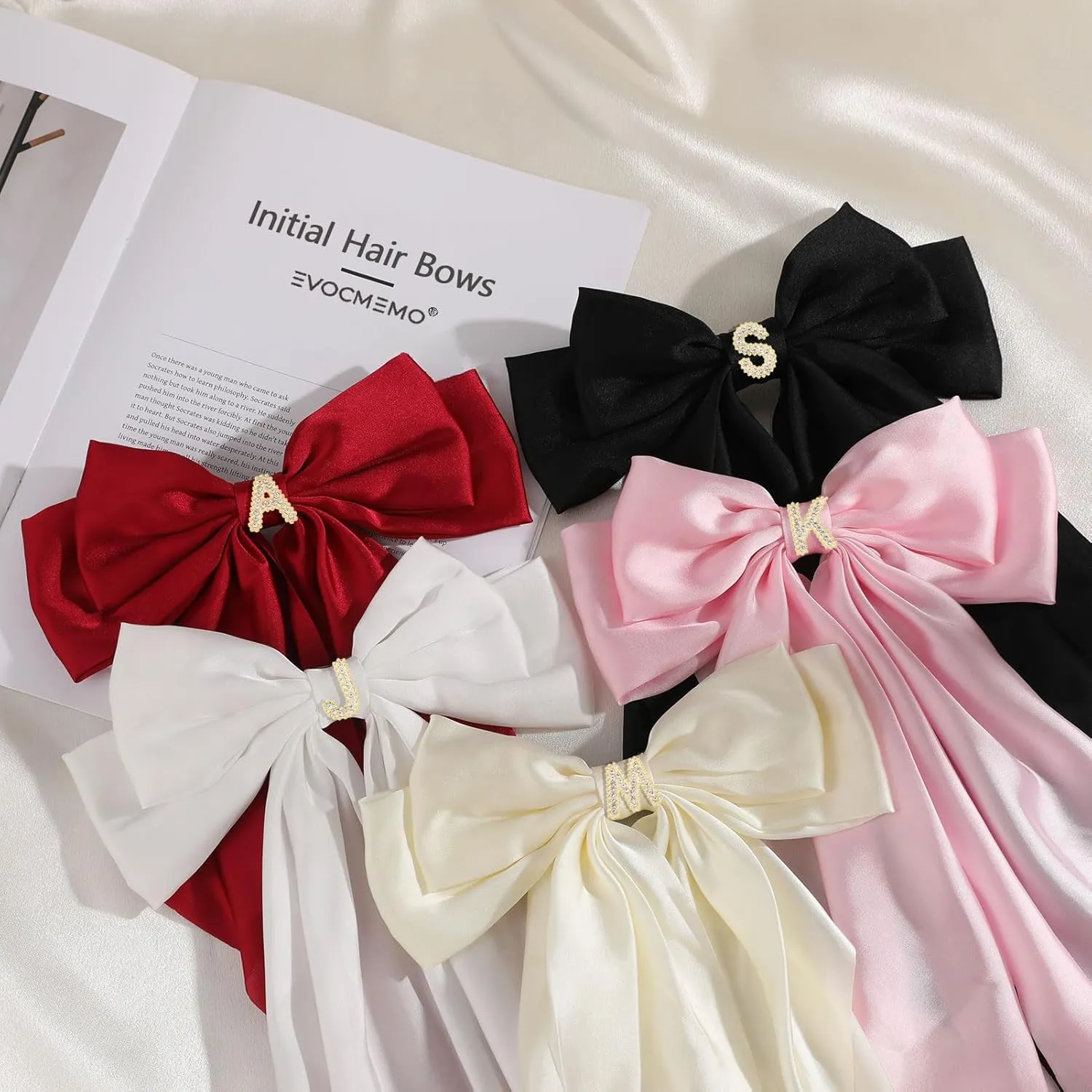 Big Initial Hair Bows, 2Pcs Satin Hair Clips for Women, Cute Hair Accessories for Girls, Hair Ribbon Barrettes, Personalized Gifts for Wedding Birthday Christmas Valentines(White&Pink, A)