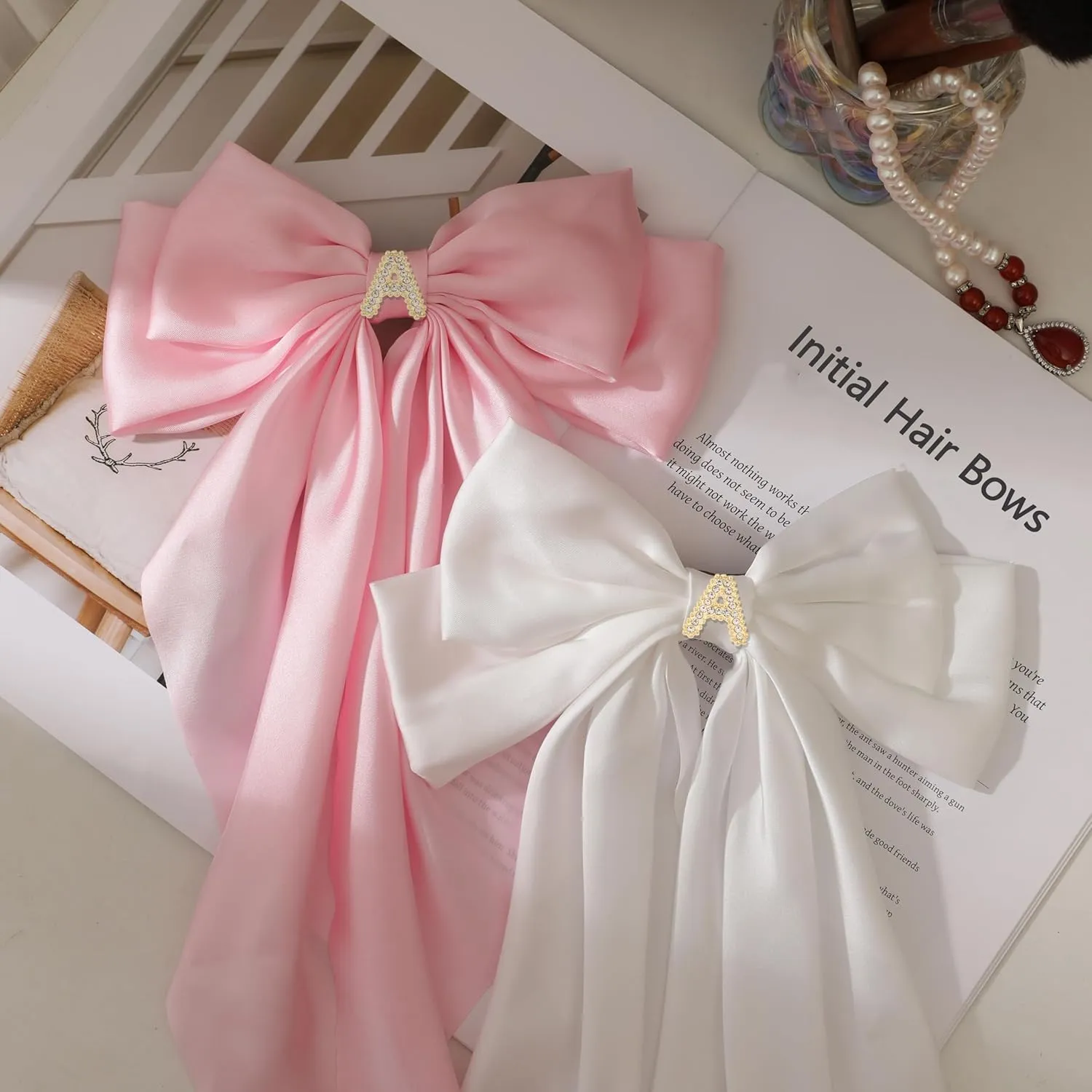 Big Initial Hair Bows, 2Pcs Satin Hair Clips for Women, Cute Hair Accessories for Girls, Hair Ribbon Barrettes, Personalized Gifts for Wedding Birthday Christmas Valentines(White&Pink, A)