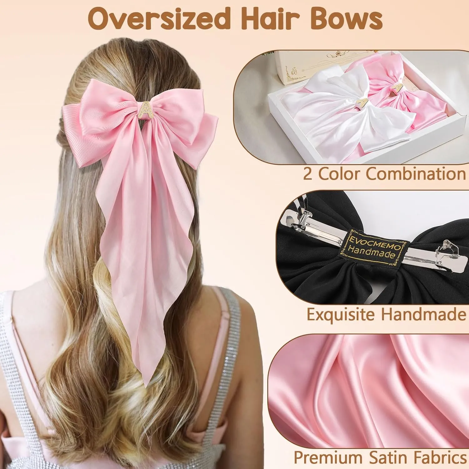 Big Initial Hair Bows, 2Pcs Satin Hair Clips for Women, Cute Hair Accessories for Girls, Hair Ribbon Barrettes, Personalized Gifts for Wedding Birthday Christmas Valentines(White&Pink, A)
