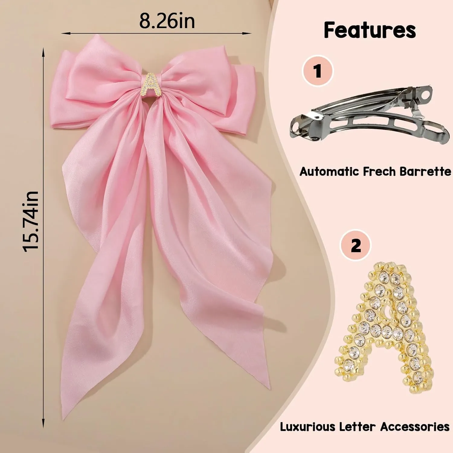 Big Initial Hair Bows, 2Pcs Satin Hair Clips for Women, Cute Hair Accessories for Girls, Hair Ribbon Barrettes, Personalized Gifts for Wedding Birthday Christmas Valentines(White&Pink, A)