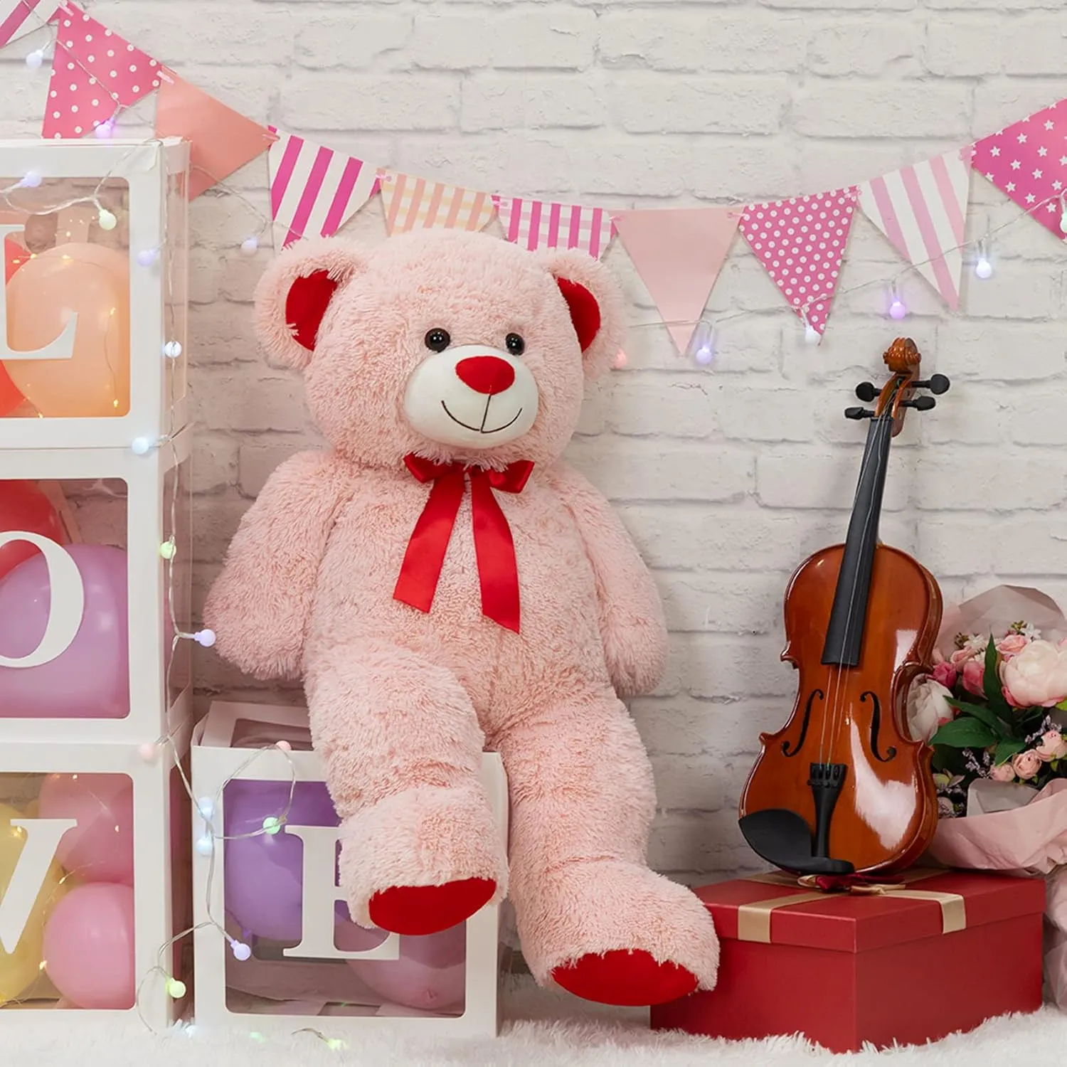 BigTeddy Bear Stuffed Animal Giant Teddy Bear Plush with Red Ribbon Bow Plush Toy Gift for Girlfriend Bride 36 inch Pink