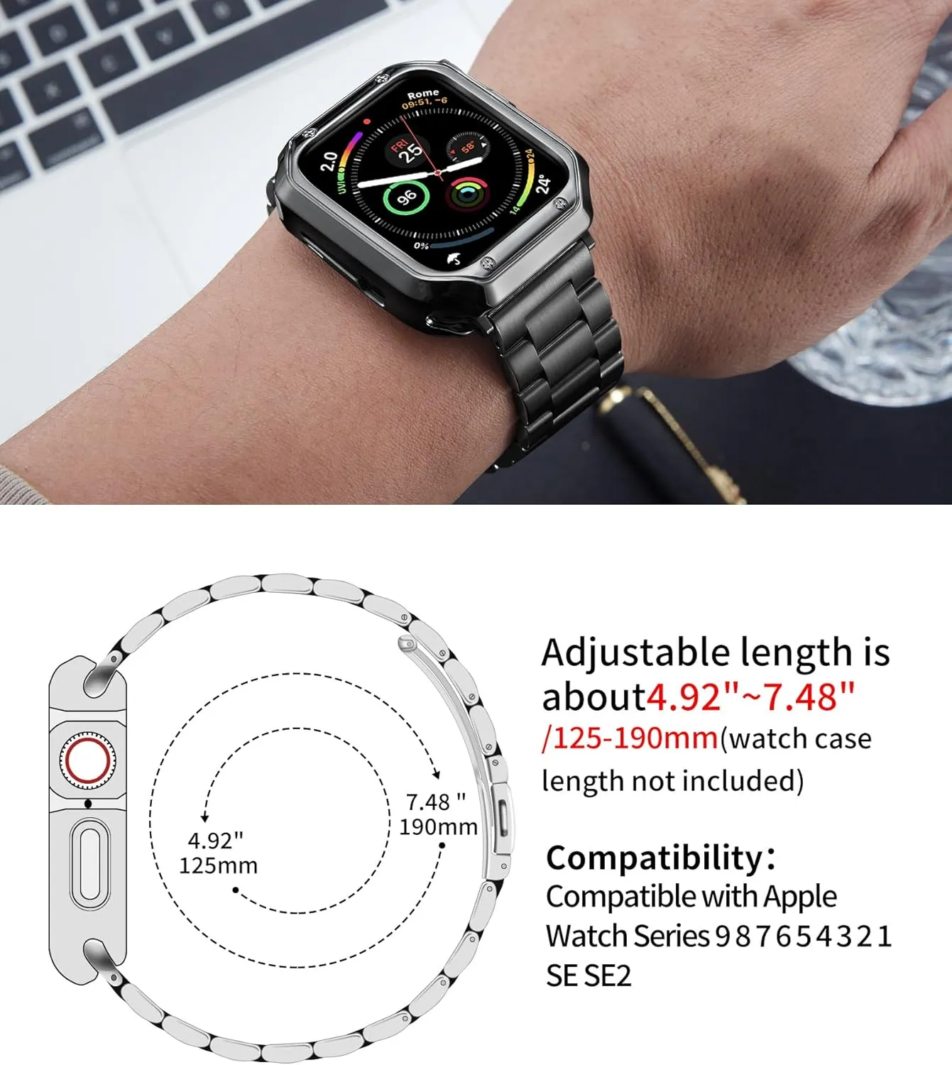 BINLUN Compatible with Apple Watch Band 49mm 46mm 45mm 44mm 42mm 41mm 40mm 38mm Stainless Steel Metal Watch Strap with TPU Watch Case Compatible with iWatch Series Ultra/10/9/8/7/SE2/SE/6/5/4/3/2/1