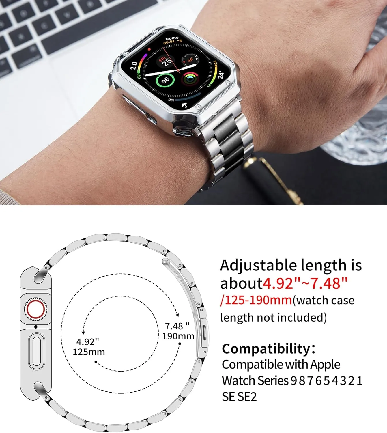 BINLUN Compatible with Apple Watch Band 49mm 46mm 45mm 44mm 42mm 41mm 40mm 38mm Stainless Steel Metal Watch Strap with TPU Watch Case Compatible with iWatch Series Ultra/10/9/8/7/SE2/SE/6/5/4/3/2/1