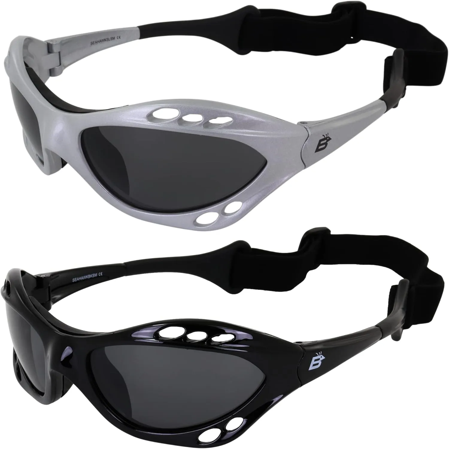 Birdz Eyewear Seahawk Polarized Sunglasses Jet Ski Goggles Sport Kite-Boarding, Surfing, Kayaking 2 Pairs Black Frame and Silver Frame with Smoke Lenses