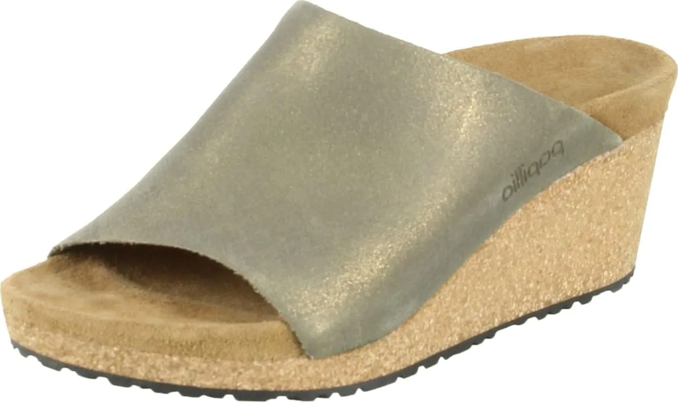 Birkenstock Papillio Women's Namica Wedge Sandals in Suede Leather Metallic Stone Gold